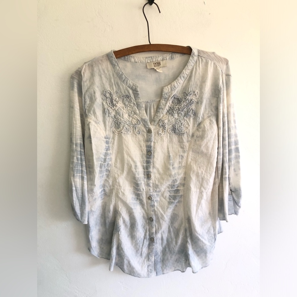 Vintage America Blues Blouse Women's Size L Tie Dyed Blue Long Sleeve Boho Shirt